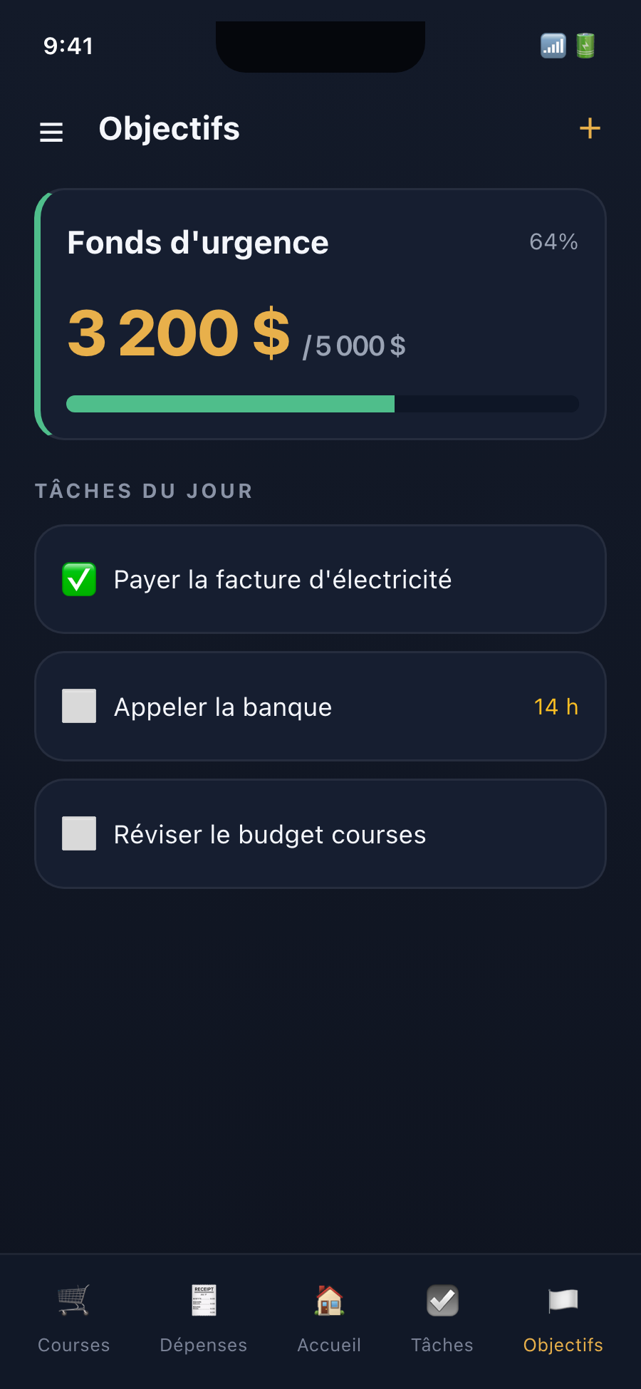Aperçu de l'écran Objectifs et tâches de Louviko